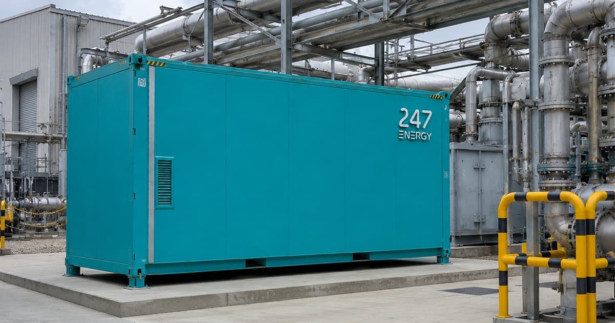 247 Energy LNG containerised power plant 400–1250 kW — exterior view and internal gas engine layout